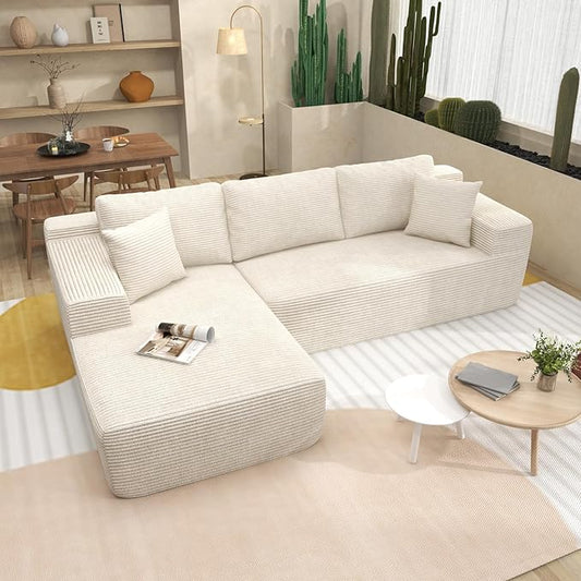 OC Orange-Casual 106.3" Cloud Sectional Couch with L-Shape Chaise,No Assembly Required Modular Sofa,Upholstered Boneless Couches for Living Room, Plush Corduroy Fabric (White, Left Facing Chaise)