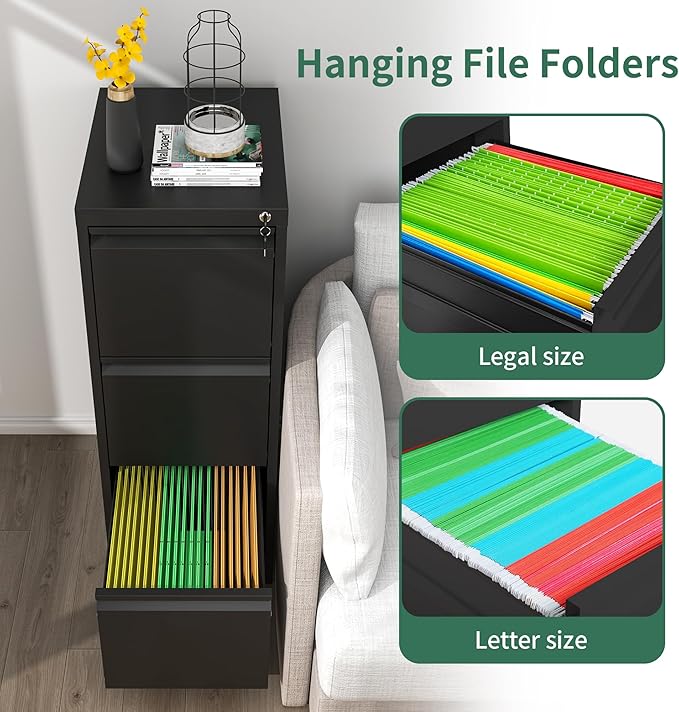 File Cabinet, Vertical File Cabinets with Lock for Home Office,Heavy Duty Office Steel Filing Cabinet for Hanging Letters/Legal/A4, Assembly Required (Black, 3 Drawers-New)