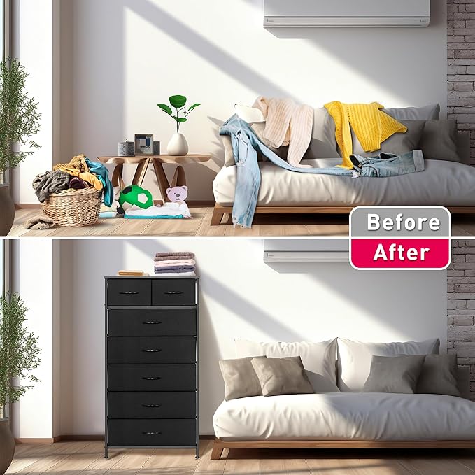 Tall Dresser for Bedroom, Vertical Storage Organizer Tower with 7 Drawers, Chest of Drawers with Fabric Bins, Steel Frame, Wood Top for Bedroom, Closet, Entryway- Black