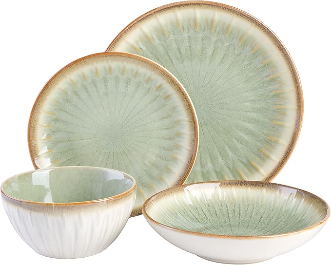 Gibson Elite Mayfair Bay Embossed Double Bowl Dinnerware Set, Service for 4 (16pcs), Green