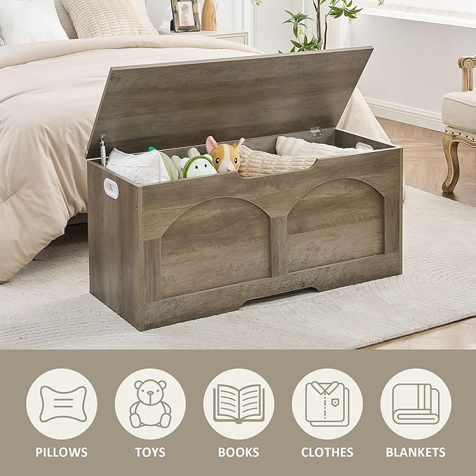 Storage Bench, 39.4" Storage Trunk, Storage Chest with U-Shaped Cut-Out Pull, Upgraded Safety Lift Support Hinge, Supports 330 lb, 39.4" x 15.7" x 18.3", Entryway Storage Bench, Greige