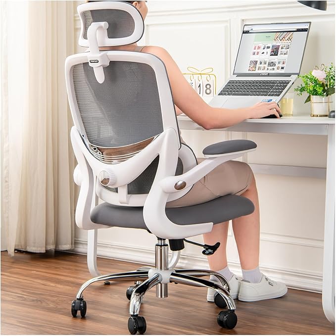 Ergonomic Home Office Chair, High Back Mesh Desk Chair with Adjustable Lumbar Support, Flip-up Armrest, Removable Headrest, Swivel Computer Gaming Chair, Space Saving, 330LBS (White+Grey)