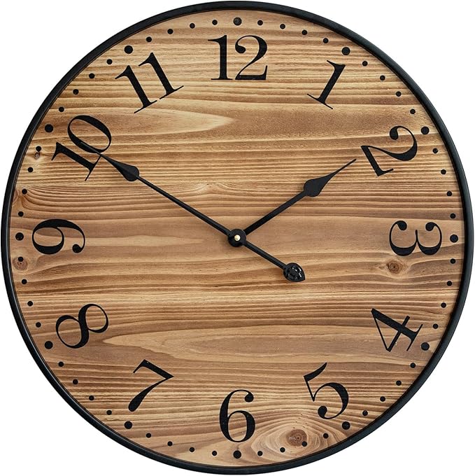 Rustic Farmhouse Wall Clocks for Living Room Decor, Large 24 inch Wall Clock with Dark Brown Wooden Face and Black Metal Frame, Silent Battery Operated for Kitchen Bedroom Entryway
