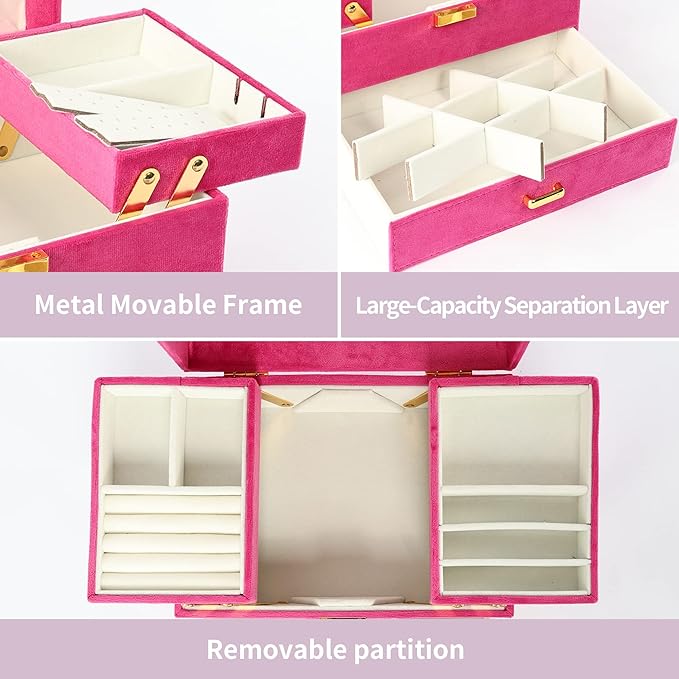 Dajasan Jewelry Storage Box, Large Jewelry Organizer Box, 3-Layer Velvet Jewelry Boxes for Women, Girls, Friends, Wife or Mother (Red)