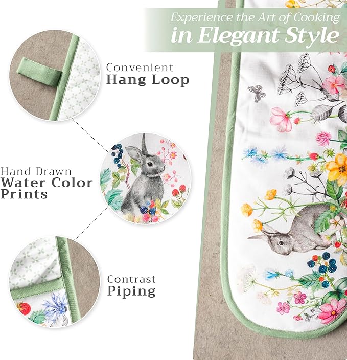 Maison d' Hermine Double Oven Mitts 100% Cotton 7"x35" Double Oven Mitt Heat Resistant BBQ Cooking Gloves with Loop, Baking, Grilling, Home, Kitchen, Handling Hot Pans Spring Summer (Printemps)