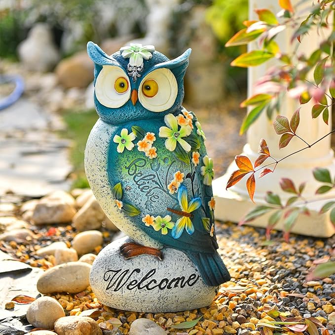 Sungmor Garden Solar Light Landscape Path Lights Lifelike Owl Figurine with LED Lights Waterproof Resin Animal Outdoor Statue Solar Powered Lamp for Outside Patio Yard Lawn Nocturnal Decor