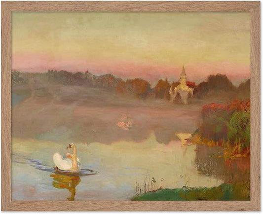 Poster Master Vintage Pond in Radziejowice Poster - Retro Swan Print - Lake Art - Landscape Art - Farmhouse Art - Animal Lover Art - Aesthetic Living Room or Office Decor, 11x14 Beige Framed