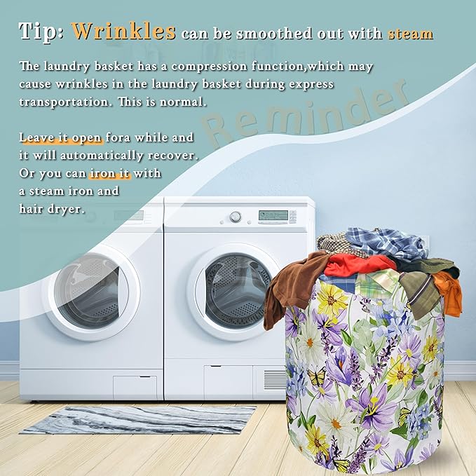 Purple Flower With Butterfly Laundry Basket Foldable With Handles Tote Bag Oxford Cloth Colorful Laundry Hamper 18.9"x16.5 "Clothe Storage Bucket Toy Organizer For Bathroom/Laundry/Bedroom