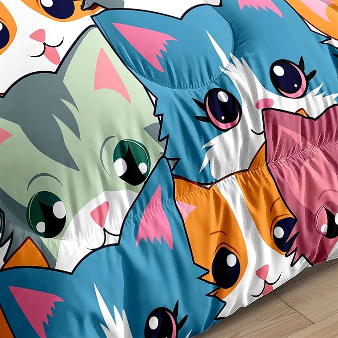 Cat Twin Comforter Set for Girls - Neon Cat Bedding Set for Girls Bedroom, Twin Size
