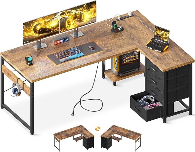 AODK L Shaped Desk with 4 Tier Drawers, 61" Reversible Gaming Desk with Power Outlets, L Shaped Computer Table with USB Charging Port and Host Stand, Home Office Table, Easy to Assemble, Vintage