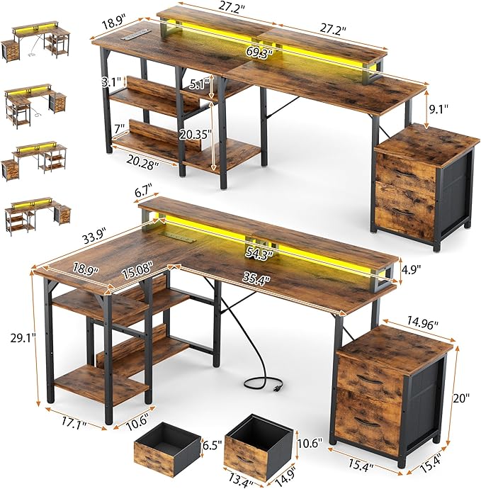 67'' L Shaped Compuer Desk with Drawers, Large Gaming Desk with File Drawer & 2 Monitor Stands, Corner Desks for Home Office, Rustic Brown
