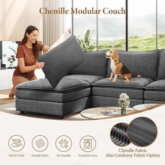 Vesgantti 142" Cloud Couch Sectional Modular Sofa, Comfy Sectional Couch with Ottoman Deep Seat Chenille L Shaped Sofa, Modular Couches for Living Room, Bedroom and Apartment, Gray