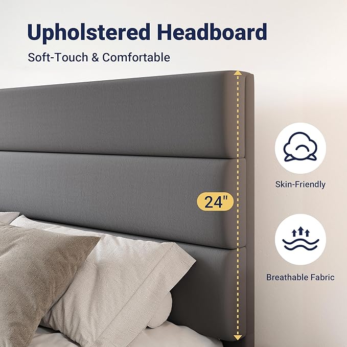 Allewie Modern Queen Size Platform Bed Frame with 4 Storage Drawers and Velvet Upholstered Headboard, Wooden Slats Support, Upholstered Mattress Foundation/No Box Spring Needed/Easy Assembly, Grey