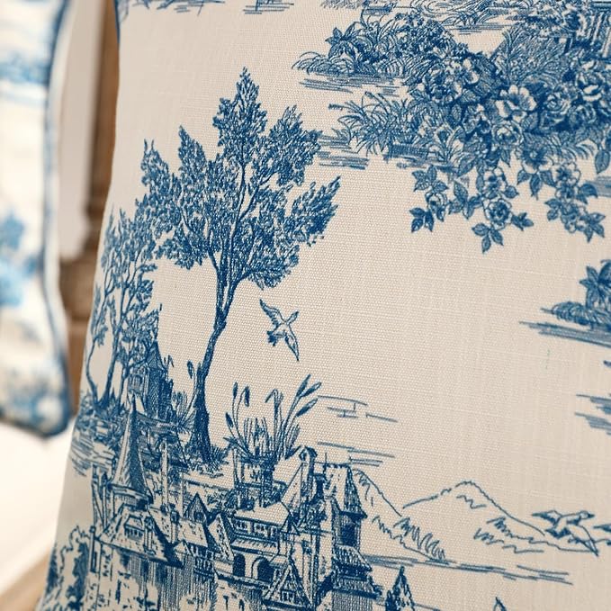 patdrea Designer Square Throw Pillow Covers Set of 2,Rustic Linen with Chinoiserie Blue Scenery Pattern Pillows Cover,Decorative Pillowcases Cushion for Bed Living Room Outdoor Car,18 x18 Inches