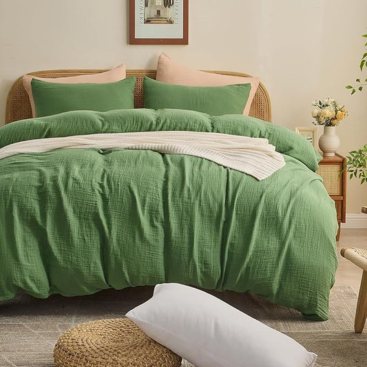 MEISHANG Muslin Duvet Cover King Size - 100% Organic Cotton, Soft Textured Gauze Weave Comforter Cover for Breathable All-Season with Zipper Closure - 3 Piece Set (King, Dusty Green)