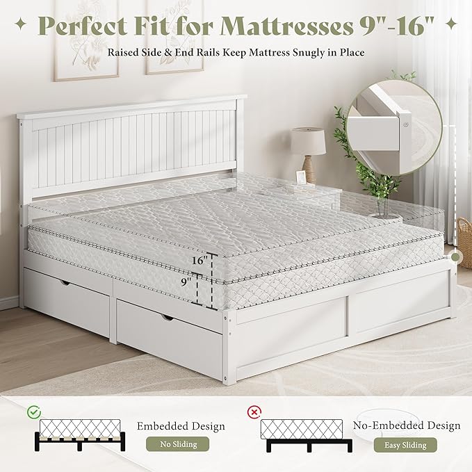 AMERLIFE King Size Solid Wood Bed Frame with 50" Tall Headboard, Mid-Century Modern Bed with Storage, Wooden Platform Bed with 2 Drawers, No Box Spring Needed, White