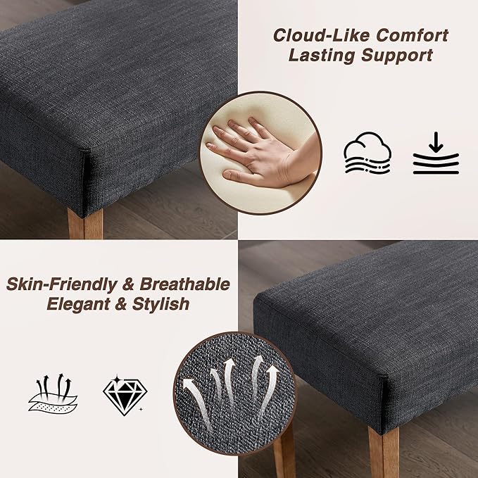 Farmhouse Upholstered Dining Bench Seat Set of 2, 45" Linen Entryway Bench with Natural Wood Legs, Mid Century Modern End of Bed Bench for Kitchen Bedroom Living Room Hallway, Charcoal