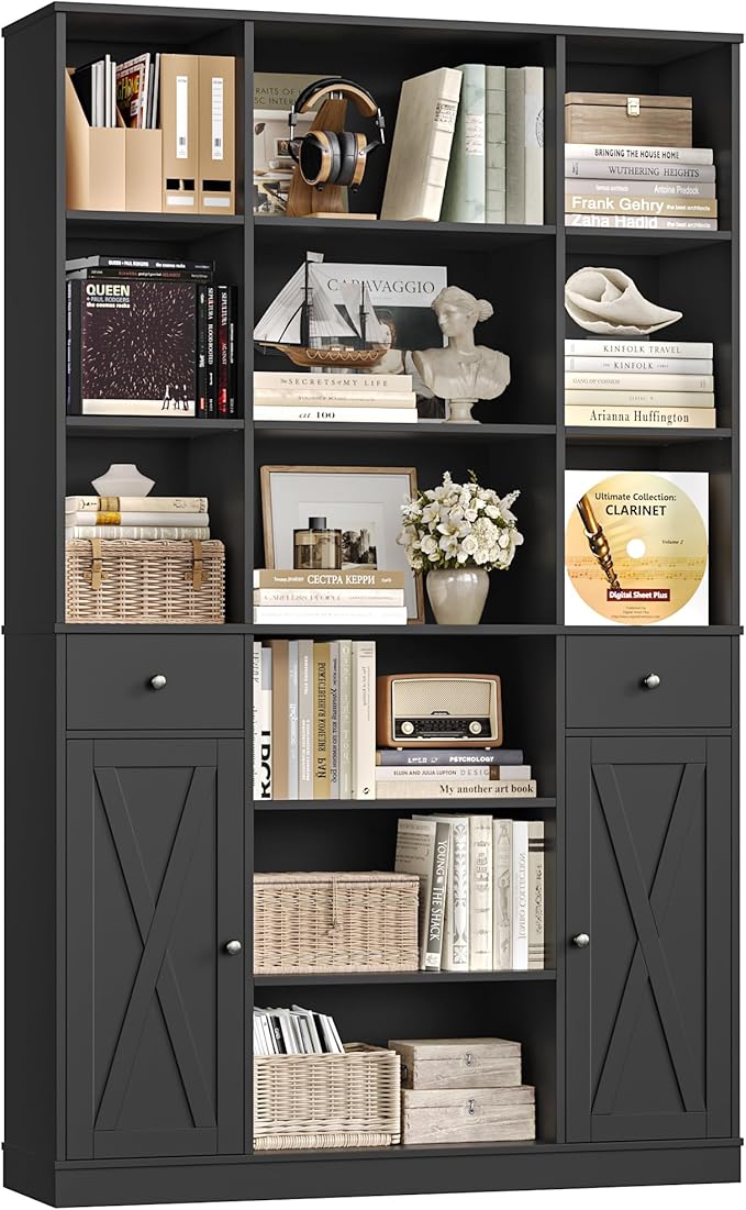 HOSTACK 74" Tall Book Shelf and Bookcase, 45" Wide Bookcase with Doors and Drawers, Modern 6 Tier Bookshelf with Storage, Large Wood Display Cabinet with Adjustable Shelves for Home Office, Black