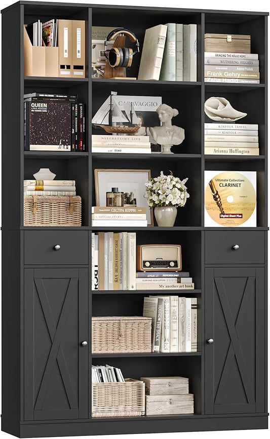 HOSTACK 74" Tall Book Shelf and Bookcase, 45" Wide Bookcase with Doors and Drawers, Modern 6 Tier Bookshelf with Storage, Large Wood Display Cabinet with Adjustable Shelves for Home Office, Black