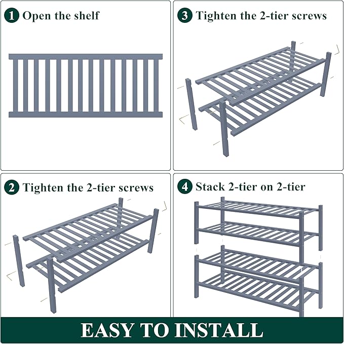 Smiry Bamboo Shoe Rack for Closet, 4 Tier Wooden Stackable Shoe Organizer, Free Standing Shoes Storage Shelf for Entryway, Front Door Entrance, Grey