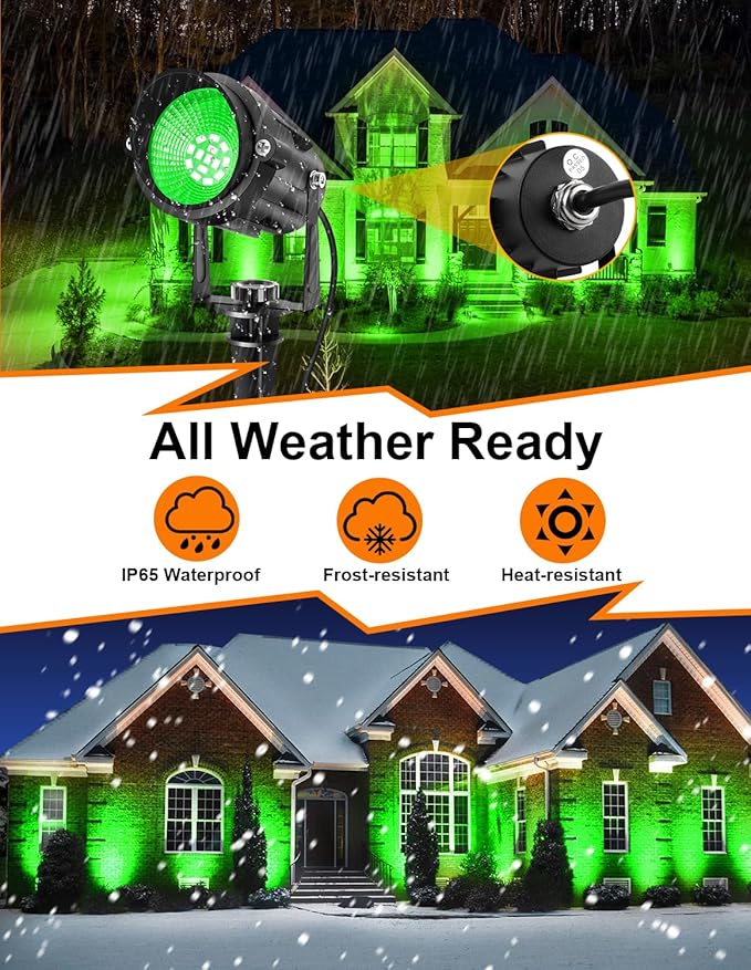 Halloween Green Landscape Lights Outdoor, 14 LED Landscape Lighting with US Plug, IP65 Waterproof Spotlights for Tree Yard Garden Pathway Christmas St. Patrick's Day Decor 2 Pack