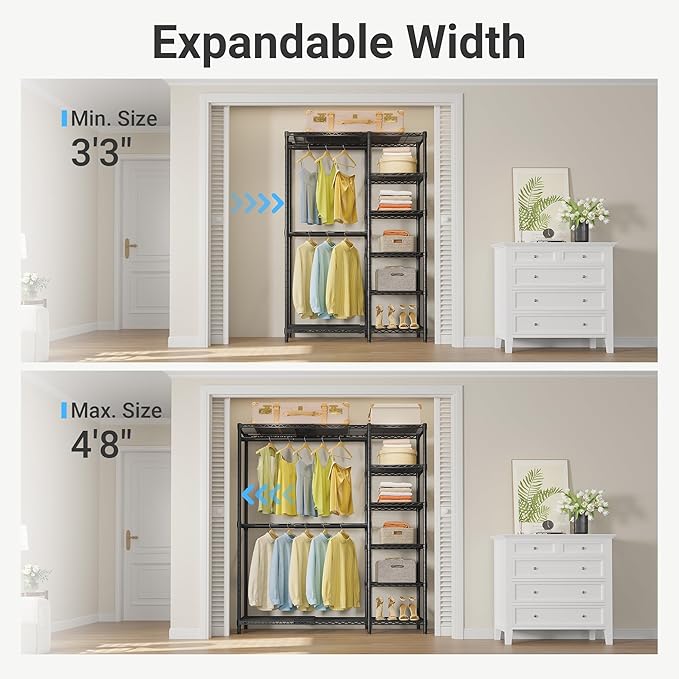 VIPEK X2 Expandable Reach-in Closet Racks Adjustable from 3'3" to 4'8" Portable Open Walk-in Closet Rack System with Flexible Shelves and Hanger Rods Clothing Rack for Hanging Clothes, Black