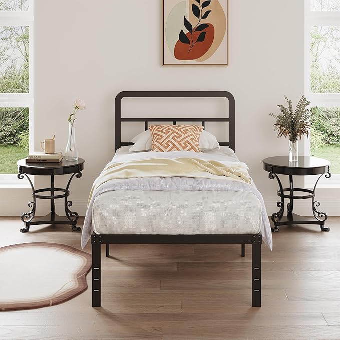 Twin Bed Frames with Headboard 16 Inch, Metal Platform No Box Spring Needed Heavy Duty Steel Slat Mattress Foundation/Easy Assembly/No Noise/Black