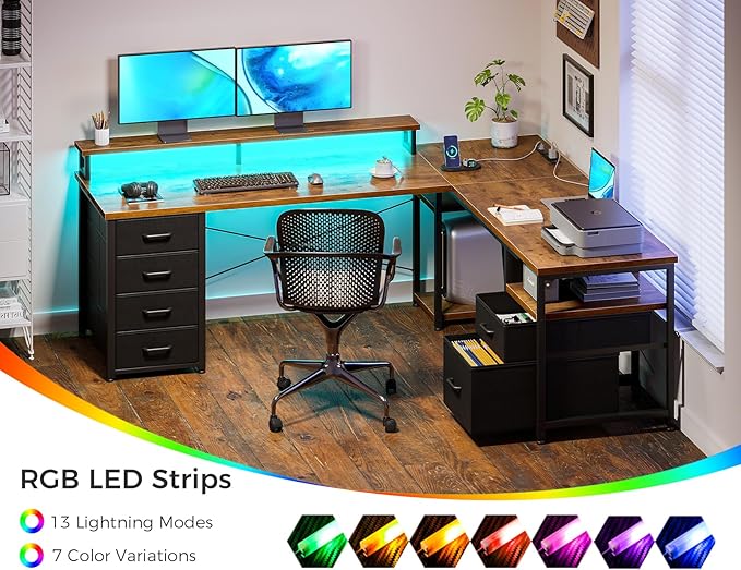 Casaottima 66" L Shaped Desk, Reversible Computer Desk with File Cabinet & 4 Fabric Drawers, Two Person Desk with LED Lights & Power Outlet, Corner Home Office Desk with Monitor Shelf, Vintage