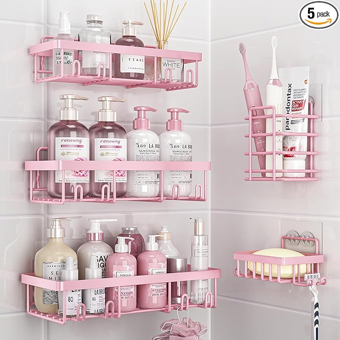 5 Pack Shower Caddy Organizer Rack Shelf for Inside Shower, Adhesive Bathroom Wall Storage Basket Rustproof Stainless Steel Shampoo Holder, Girly Bathroom Accessory Decor Set, Pink