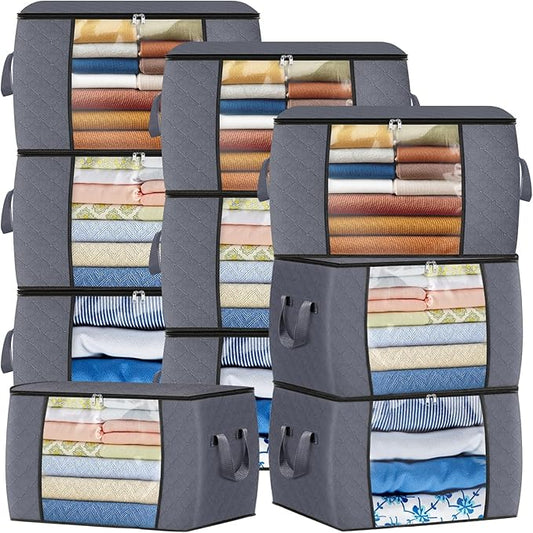 Fab totes 90L Clothes Storage, Foldable Thick Fabric Blanket Storage Bags, Containers for Organizing Bedroom, Closet, Clothing, Comforter, Organization with Handle (10 Pack,Grey)