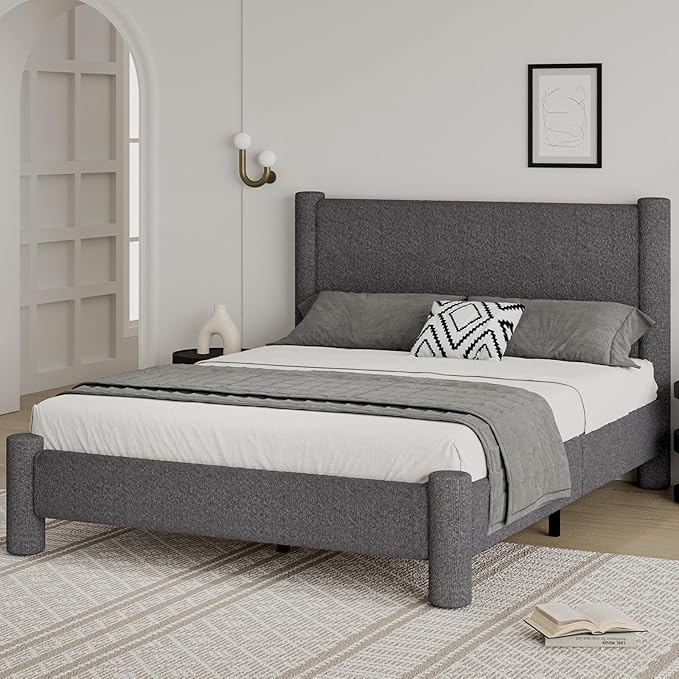 Full Size Bed Frame, Boucle Upholstered Platform Bed with Headboard and Footboard, Soft Rounded Corners, No Box Spring Required, Easy Assembly, Dark Grey