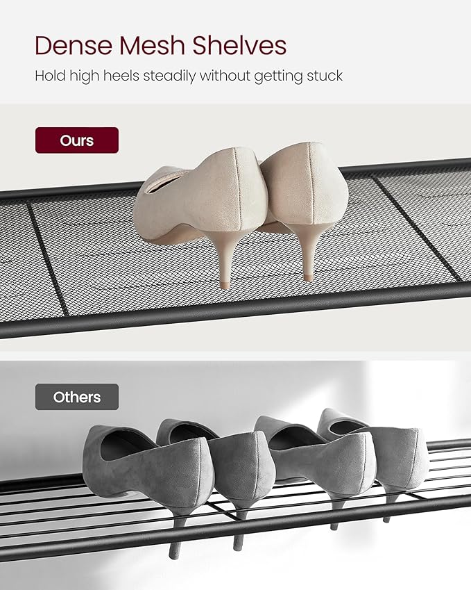 VASAGLE INDESTIC Shoe Rack, Organizer for Closet with 4 Mesh Shelves and Large Top for Bags, Entryway Hallway Shelf, Steel Frame, Industrial, Greige and Black ULBS015B02, 11.8 x 39.4 x 36.4 Inches