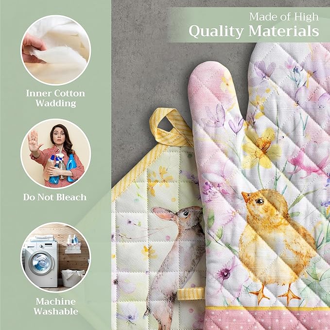 Maison d' Hermine 100% Cotton Oven Mitt & Pot Holder Set (7.5"x13" & 8"x8") Heat Resistant BBQ Cooking Gloves with Loop, Baking, Grilling, Kitchen, Handling Hot Pans Spring/Summer (Easter Zest)