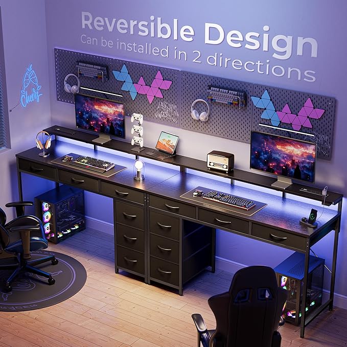 Huuger Gaming Desk with 6 Drawers, Computer Desk with LED Lights Power Outlets and Type-C, 47 Inch Office Desk with Storage, Monitor Stand, Writing Desk Work Desk Home Office, Bedroom, Study, Black