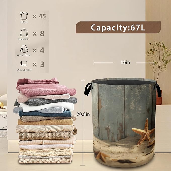 Large Laundry Basket,Sand Starfish Collapsible Laundry Baskets,Wood Board Waterproof Oxford Hamper with Handles for Bathroom Bedroom Nursery Home Storage 16"x20"