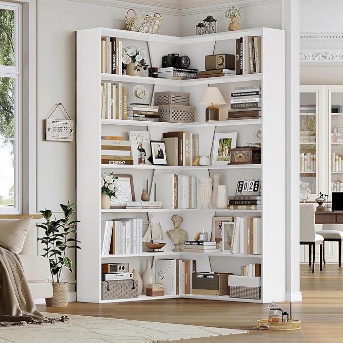 75" Corner Bookshelf, 6-Tier Modern Bookshelf and Bookcase, Tall Bookcase Open Display Storage, L Shaped Corner Shelf for Library, Living Room, Home Office, White