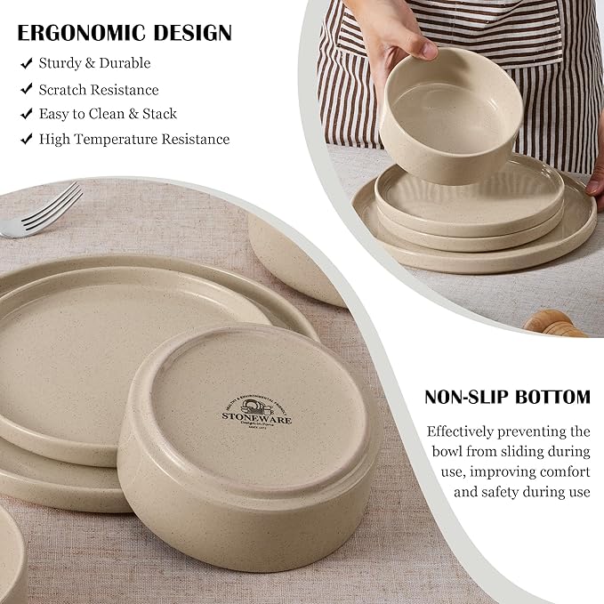 E-far Dinnerware Sets for 6, 18-Piece Stoneware Plates and Bowls Dish Set, Modern Kitchen Dinning Dishware, Chip and Scratch Resistant, Microwave & Dishwasher Safe, Speckled Khaki