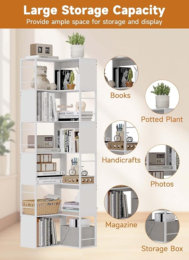 Baoz 7-Tier Corner Shelf- L Shape Corner Bookshelf with Storage- Wood Metal Bookcase Open Floor Stand Shelf Tall Decorative Display Storage Organizer in Living Room/Bedroom/Home/Office (White)