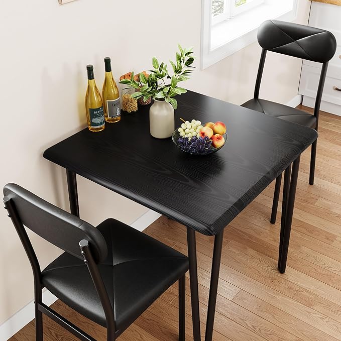 GarveeHome Dining Table Set for 2, Kitchen Table with Upholstered Chairs for Kitchen Room and Small Spaces (Black, Table with 2 Chairs)