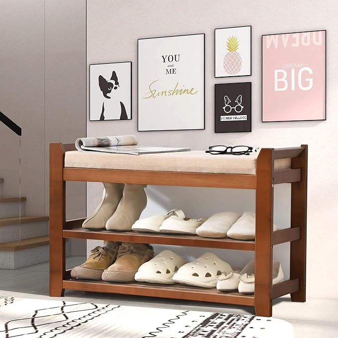 Shoe Rack with Cushion for Font Door Entrance, 27.6 in Shoe Bench with Storage for Entryway, Hallway, Bedroom, Living Room