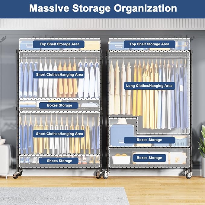 P8C Heavy Duty Clothes Rack（With Extended Width Design） Rolling Clothing Racks for Hanging Clothes with Lockable Wheels，51.2" W x 15.8" D x 80.5" H，Max Load 700LBS，Black Rack with Grey Cover