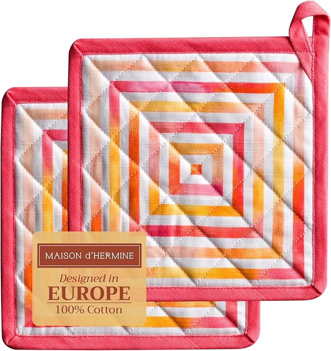 Maison d' Hermine Pot Holders Set 100% Cotton Heat Resistant Potholders 8" x 8" Hot Pads with Loop BBQ, Cooking, Baking, Grilling, Kitchen, Handling Hot Pans Spring/Summer (Pack of 2, Summer Maze)