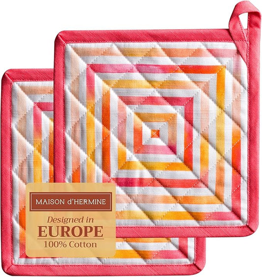 Maison d' Hermine Pot Holders Set 100% Cotton Heat Resistant Potholders 8" x 8" Hot Pads with Loop BBQ, Cooking, Baking, Grilling, Kitchen, Handling Hot Pans Spring/Summer (Pack of 2, Summer Maze)