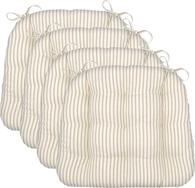 Barnett Home Decor Dining Chair Cushions with Ties, 16.5 x 18, Pack of 4 – Ticking Stripe Natural – 100% Cotton, Latex Foam Fill, Made in USA