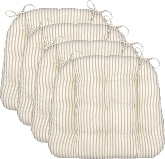 Barnett Home Decor Dining Chair Cushions with Ties, 16.5 x 18, Pack of 4 – Ticking Stripe Natural – 100% Cotton, Latex Foam Fill, Made in USA