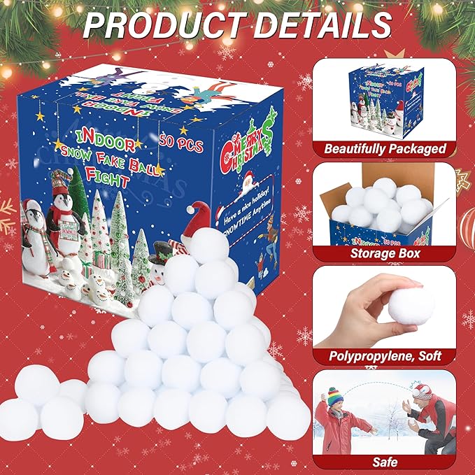 50 Pack Snow Toy Balls for Kids Indoor, Artificial Snow Fight Balls Kids Toys, Indoor Snow Fight Ball Set, Soft Snow Fake Balls Party Supplies Parent Child Throwing Game