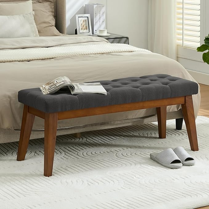 43.5'' Linen Bedroom Bench, Upholstered End of Bed Bench with Tufted Button, Padded Vintage Dining Bench, Entryway Bench with Solid Wood Legs, Kitchen, Living Room, Hallway, Dark Grey Tufted