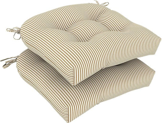 Set of 2 Outdoor Tufted Chair Cushions 19"x19"x4", Water Repellent Patio Seat Cushions with Ties, Replacement Chair Pads for Wicker Dining and Patio Furniture - Stripe Beige