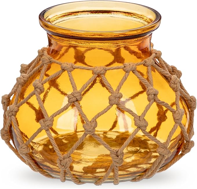 Hollyone Amber Glass Vase with Cotton Rope Cover Woven Round Glass Vase Decorative Flower Bottle Modern Vase for Table Centerpiece Farmhouse Wedding Home Decor