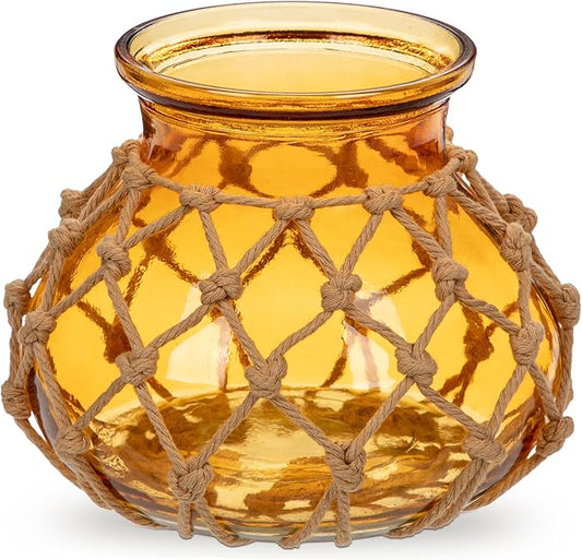 Hollyone Amber Glass Vase with Cotton Rope Cover Woven Round Glass Vase Decorative Flower Bottle Modern Vase for Table Centerpiece Farmhouse Wedding Home Decor